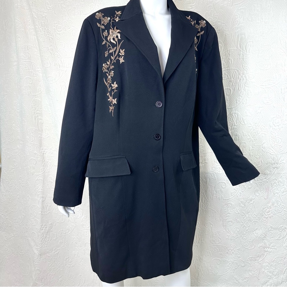 Newport News VTG Embroidered Long Black Duster Blazer